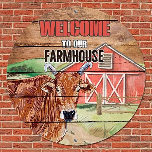 Тркалезен метален знак Плакета добредојде на нашата фарма куќа животни крави и штала гроздобер венец знак на простории за врата, рѓосана