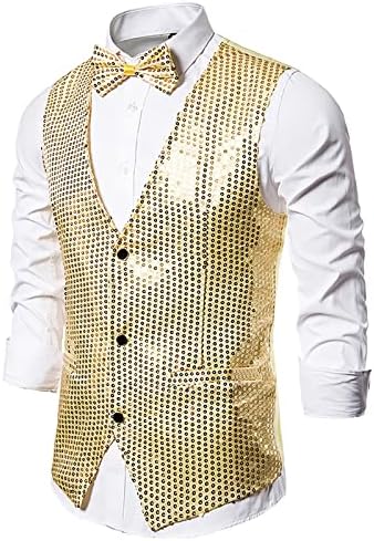 Nzwiluns Vest за машки јакна со лакови за модни модни sequins vest јакна V-вратот без ракави свадбени свадбени смоки од половината