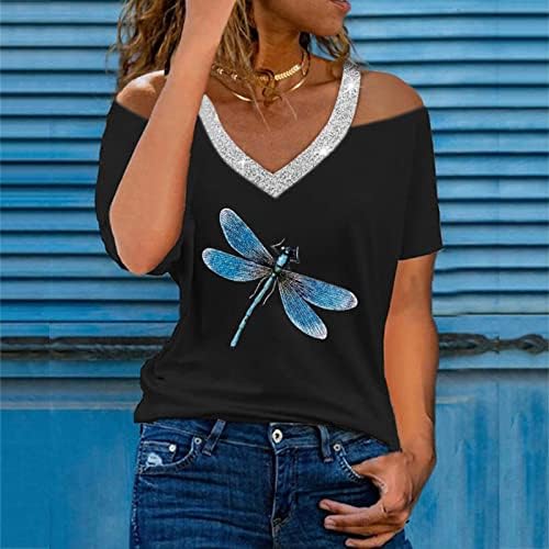 Женски врвови женски лето V вратот од рамото печати кратки ракави маички врвна блуза