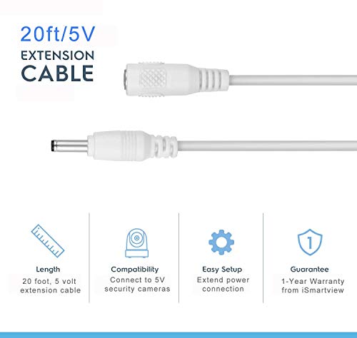 IsmartView Universal 20ft 6 метри кабел за продолжување на напојувањето, DC приклучок 12V 24V кабел за продолжување на адаптерот за напојување,
