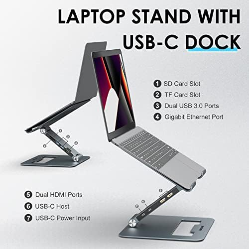 Wavlink Прилагодлив Алуминиумски Држач за Лаптоп со USB C Dock, Pономски Пренослив Компјутерски Столб За MacBook, Windows, 10-17 Тетратка