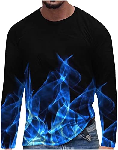4ZHUZI маица за мажи, машки долги ракави врвови 3Д пламен печатени кошули со тркалезна врата, тенок спорт случајниот пулвер блузи
