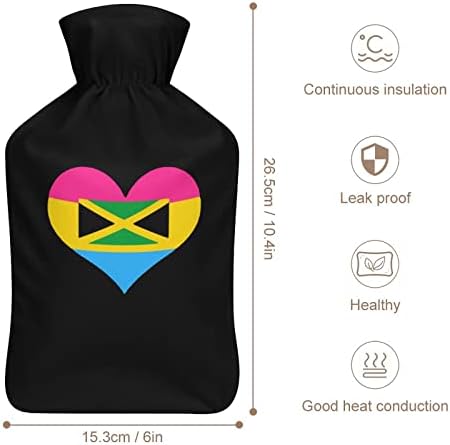 Пансексуално знаме на срцето Јамајка шише со топла вода гума за гума кревет потопло, симпатична топла торба со покривка за период на