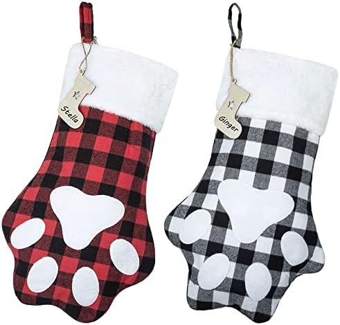 Божиќни чорапи на кучиња со ознака со име, 2 пакувања биволи карирани миленичиња куче шепа големи Божиќни чорапи за украси за семејни