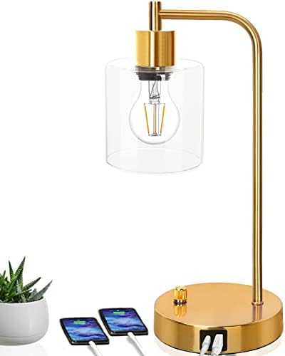 Златна Индустриска Столна Ламба со 2 USB Порти, Ламба За Биро Елизабет Гроздобер, 3-Насочна Затемнета Ламба За Читање Покрај Креветот