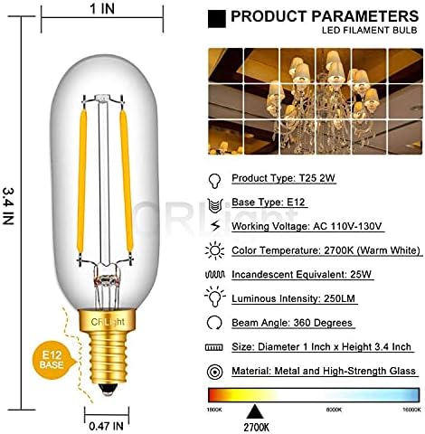 CRLight LED Candelabra Сијалица 25w Еквивалент 250 Лумени, 2700k Топло Бело 2w Филамент LED Лустерот Светилки, E12 База Гроздобер