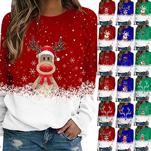 Women'sенски Среќен Божиќ кошула врвови симпатична Божиќ џемпер со долги ракави ракав на врвови на врвови на екипажот печатени