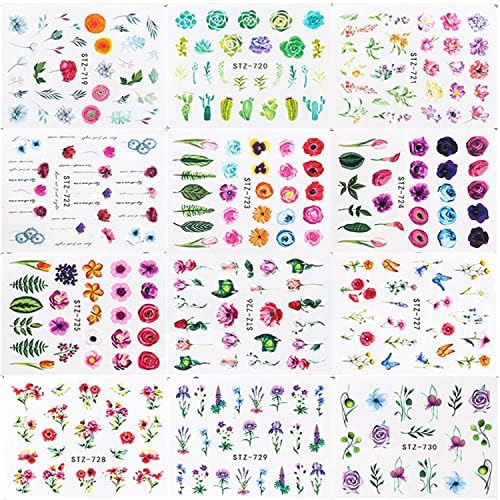 24 чаршави цвеќиња за нокти уметнички декорации, холографски цветни нокти за трансфер на вода, дизајн на декларации, роза Дејзи