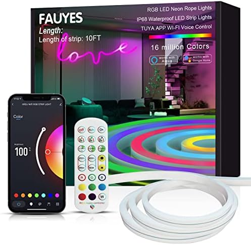 Fauyes Neon Rope Lights, 10.17ft RGB Neon Strip Lights, водоотпорен IP67, Music Sync, 24Key Remote, App Control, WiFi Voice Activation компатибилен