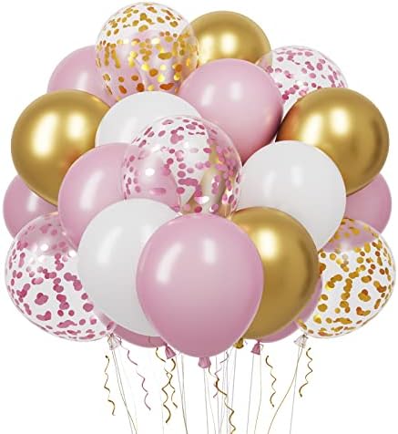 Rubfac 65pcs 12 инчи розово злато конфети балони комплет, балони со розови бели златни забави со панделки за роденден, свадба, туш за бебиња,