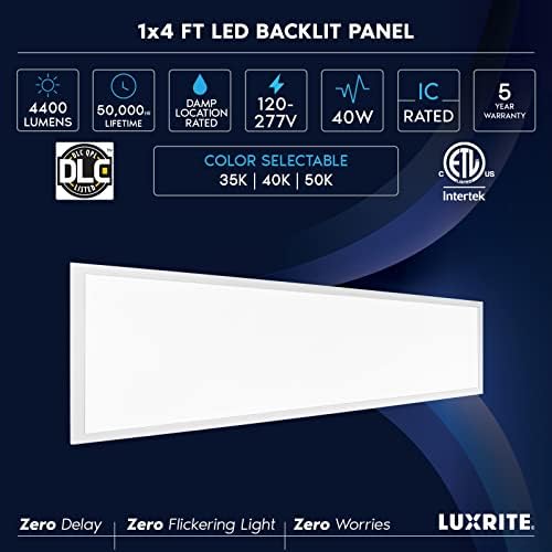 LUXRITE 1X4 FT LED светла со рамен панел, 40W, 3 избор на боја 3500K-5000K, 4400 лумени, светла за тавани со вдлабнатина, 0-10V затемнети, 120-277V,