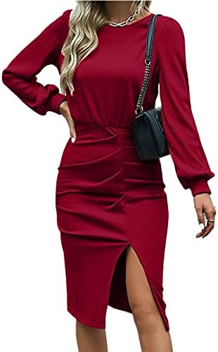 Погребни фустани за жени 2023 година, модна цврста боја на половината на вратот на вратот со долги ракави, колк фустан на отворено облека