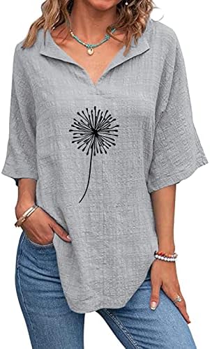 Женски врвови и маички женски глуварче печатење против кошули со вратот со кратки ракави памучни блузи лето лабава
