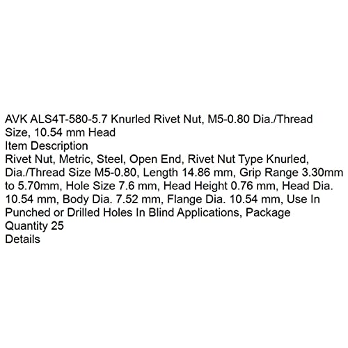 За вас-ALS4T-580-5.7 Knurled Rivet Nut, M5-0.80 Dia./thread Големина, 10,54 мм глава