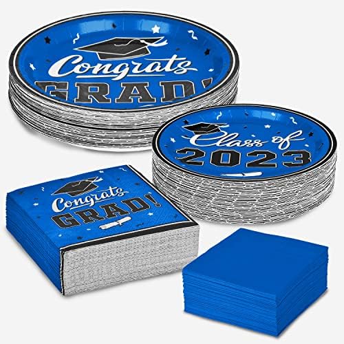 Партии за забави за дипломирање и салфетки 2023 година за дипломирање, сини хартиени плочи за еднократна употреба, салфетки