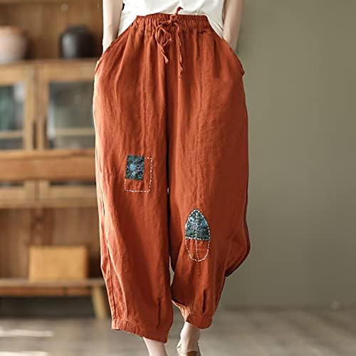 Womenените летни панталони Ретро етнички памучни постелнини исечени панталони лабави обични широки панталони за нозе, влечејќи ги еластичните половини на половинат