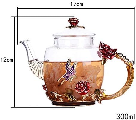 Цветно стакло чајник со француска емајл цвет декорација на пеперутка безбедна издржлива цветна гроздобер чајник （10,6oz / 300ml）