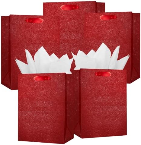 Uniqooo 12 парчиња втисени рубини црвени сјајни торби за подароци со 24 најголемиот дел од хартијата за ткиво, m 9x7 инчи, торба за завиткување