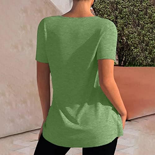 Женски врвови кратки ракави квадратни вратот Туника Врвна цврста боја, случајни маици со копче надолу, сплит полна маици со маици