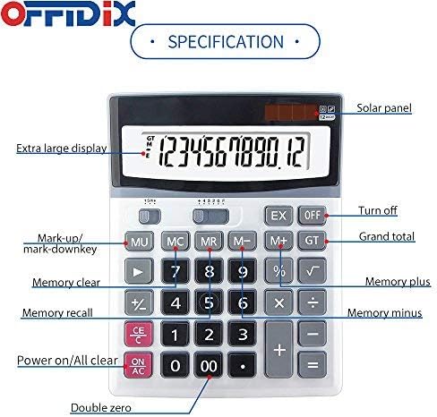 Калкулатори на големи клучеви за тастатури на Офдиксикс, Калкулатор за електронски калкулатор со двојна моќност, преносен 12 -цифрен