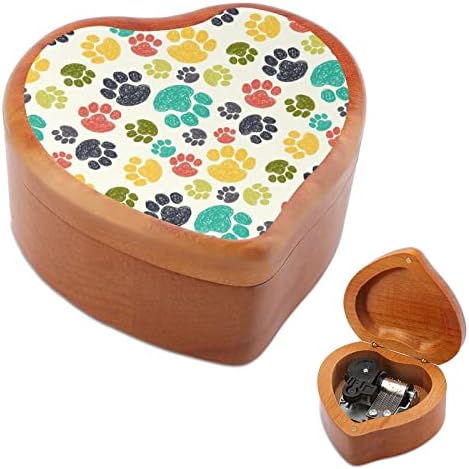 Шарена Doodle Paw Print Дрвена музичка кутија со форма на срцева форма на музички кутии гроздобер дрво кутија за подарок