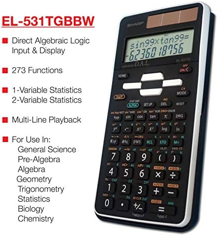 Шарп EL-531TGBBW 12-цифрен научен/инженерски калкулатор со заштитна тврда покривка, LCD дисплеј со батерија и соларна хибридна моќност,