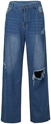Eoeioa Women'sенски високо половината искинато фармерки потресено сечење директно широки панталони за нозе лабави фармерки со џебови