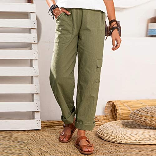Pantsенски памучни постелнини панталони, широки нозе на плажа лабави вклопени карго панталони јога каприс удобни модни директни панталони со џебови