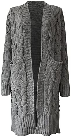 Fragarn плус големина пад џемпери за жени, женски цврста боја кардиган со долги ракави џебови отворени предни плетени џемпери палто