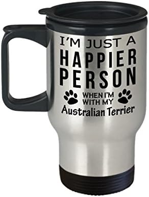 Куче Љубовник Патување Кафе Кригла-Посреќна Личност Со Австралиски Териер-Миленичиња Сопственик Спасување Подароци