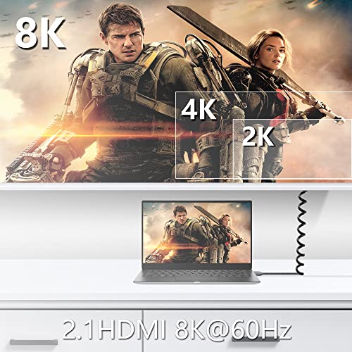 Yacsejao Coiled HDMI кабел десно агол 8K 48Gbps HDMI 2.1 Mini HDMI до HDMI машки телескопски кабел со голема брзина