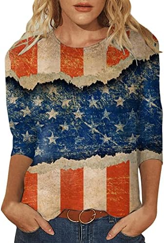 Xiaxogool Stars Stripes Graphic Tees Симпатични врвови за жени преголеми маици 3/4 ракави екипаж џемпери 2023 лето
