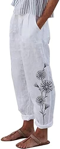 Zdferенски летен цветен принт на летни цвеќиња обични лабави памучни постелнини панталони еластични панталони со панталони