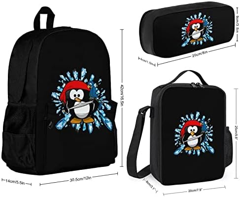 Пингвин Пират Со Папагал 3 Парчиња Ранец Сет Колеџ Лаптоп Торба За Рамо Со Кутија За Ручек И Кутија За Моливи