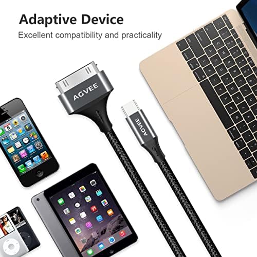 Agvee [2 пакет 3FT USB-C до 30 пински кабел за стариот iPhone 4/4S iPad 1/2/3 ipod, плетенка метална школка тип-c до 30pin адаптер Полнен полнач