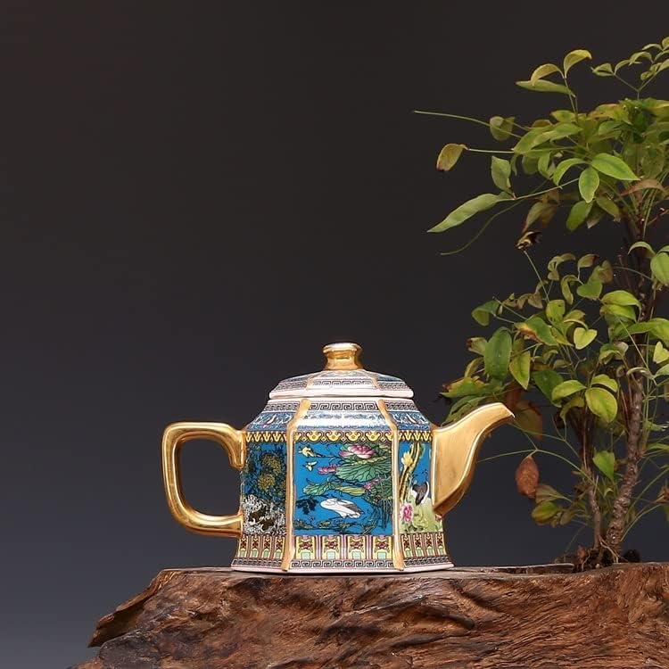 Дан емајл златен чајник со рачки шестоаголни чајници со цвеќиња и птици шема Антички порцелан