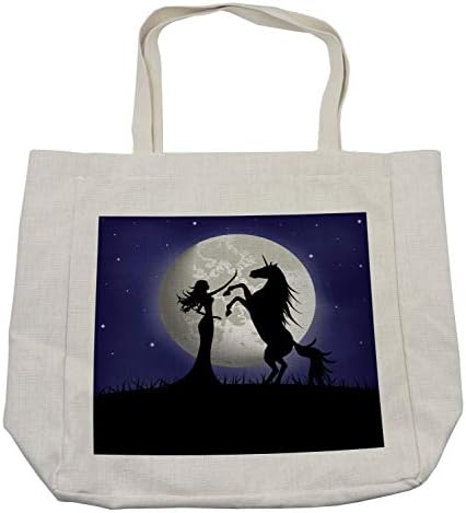 Торба за шопинг на коњи Амбесон, силуета на неконтролирано коњ и долга девојка со кадрава коса на џиновски целосен месец, еколошка торба за