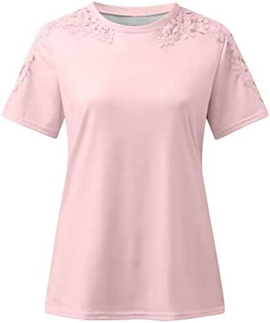 Лето секси кошула за жени 2023 маички со кратки ракави со чипка Редовно вклопување на екипажот на вратот на вратот на вратот Блок