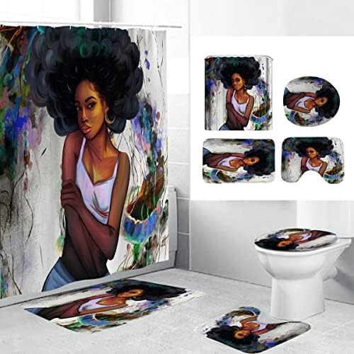 4 парчиња Афроамериканска Завеса За Туширање Поставена Со Килими, Кадрава Коса Црна Девојка Мотивациона Завеса За Туширање,