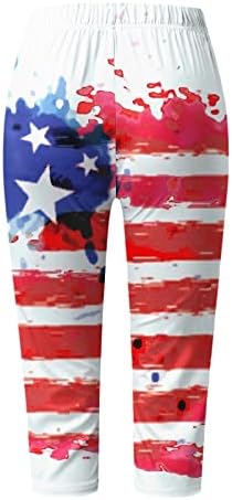 САД 4 -ти јули женски капри хеланки со високи половини јога панталони американско знаме се протегаат црно 3/4 вежба за вежбање каприс