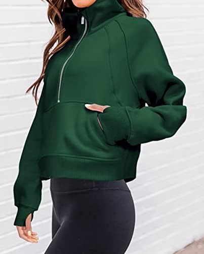 Bonенски женски руно, наречен јака, исечен худи, долг ракав, половина патент пуловер, лабав вклопна тренингот џемпер од џемпер со качулка