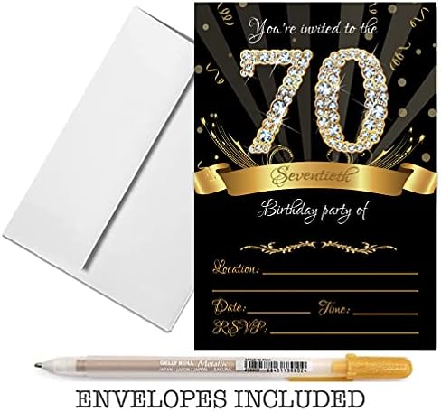 70 -ти покани за роденденска забава 5x7 црни и златни картички со коверти и златно метално пенкало