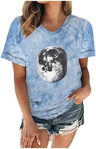 Гроздобер графички маички за маички за жени гроздобер месечина астронаут печати тинејџерки летни маици мода вратоврска боја тунична врвови
