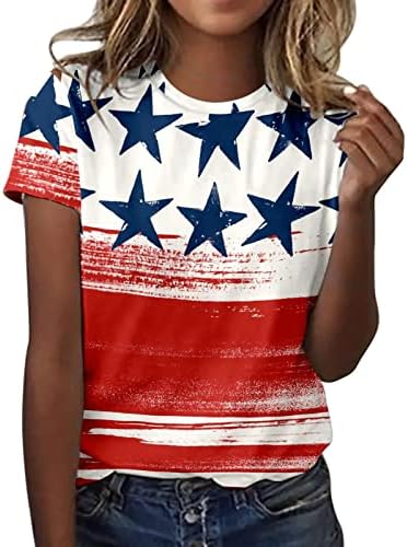 Патриотски кошули за жени маички со американско знаме летни обични врвови со кратки ракави ленти ленти за вратоврска удобна лабава блуза Топ