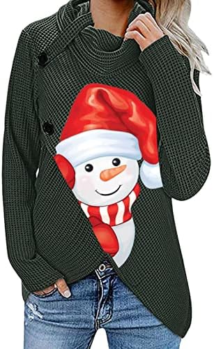 Божиќни носии за жени Снежен човек Графички вафли плетени џемпери за пуловер, асиметричен скокач на копчињата на копчето