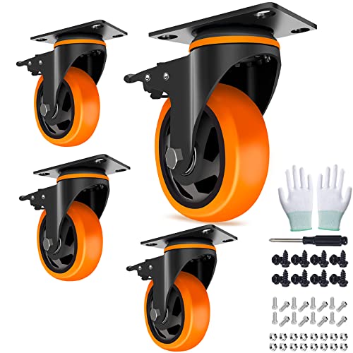 Тркала за рицинови од 4 инчи со сопирачка 2200 bs, кастри сет од 4, тешки тркала, индустриски полиуретански тркала со двојни топка, тркала