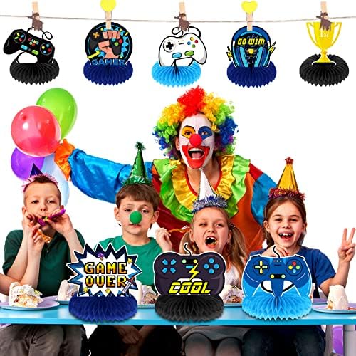 Сет од 12 украси за забави за видео игри Видео игра саќе во централни делови на табели со сини теми за сини теми за среќен роденден бебешки