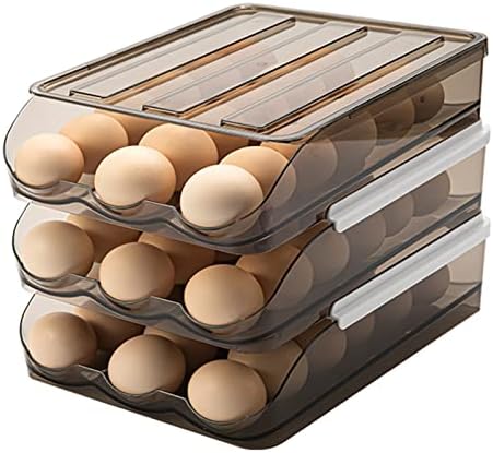 Lunmore голем држач за јајца за фрижидер, автоматски сад за тркалање со капак, организатор на јајце од јајца има 54 јајца, 3-слоеви,