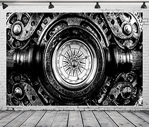Белеко 12x10ft Ткаенина Steampunk Компас Во Црна Бела Фотографија Позадина Ретро Стара Метална Опрема Индустриска Позадина Рѓосана