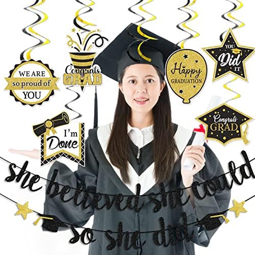 Црно Злато Таа Веруваше Дека Може Така И Направи Банер Дипломирање Забава Украси 2023 Црна И Златна Класа Од 2023 Година Украси За Дипломирање